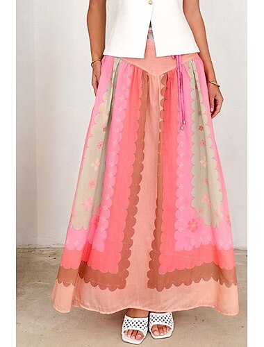  Damen Rock Bohemien Boho Maxi Mittlere Hüfthöhe Röcke Blumen Druck Mikroelastisch Urlaub Ausgehen Rosa Sommer Polyester