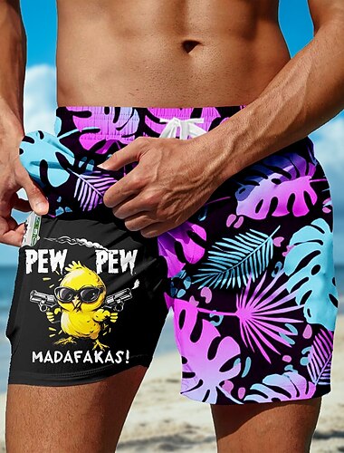  Hombre Gracioso Pato Hoja de palma Pantalones cortos forrados Bañador 2 en 1 Pantalones de Natación Media cintura Hawaiano Vacaciones Festivos Ropa de playa Bolsillos laterales con forro de