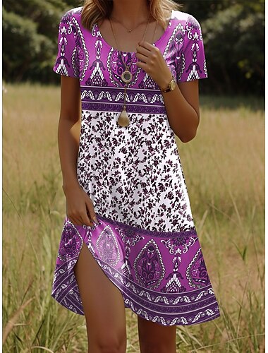  Damen Minikleid T-Shirt-Kleid Sommerkleid Shiftkleid Urlaub Lässig Boho Party Strand Standard Passform Blumen Grafik Stammes Kurzarm Rundhalsausschnitt Gelb Rote Blau Purpur Sommer Frühling