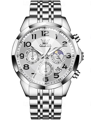  OLEVS 3676 Herren Business Quarz Uhr Edelstahl Wasserdicht Mondphase Elegante Markenuhr