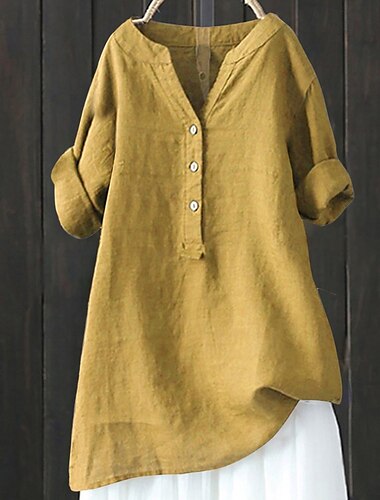  Dames Overhemd Katoenen linnen overhemden Blouse Effen Modern Casual Lange mouw V-hals Normale tops Dagelijks Feestdagen Uitgaan Knop Zwart Geel Marineblauw Beige Zomer