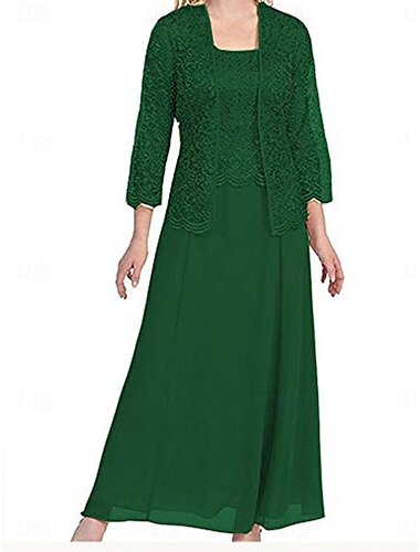  Kleid-Sets Brautmutterkleid Elegant Einfach Quadrathals Bodenlang Polyester Langarm mit Einfarbig 2025