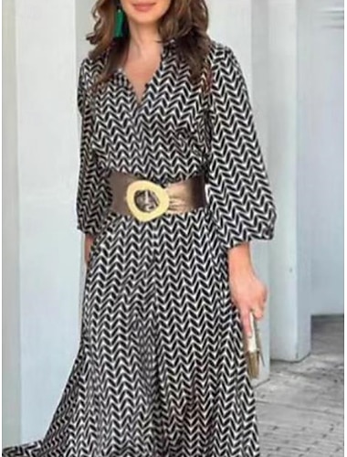  Dames Maxi-jurk Hemdjurk Bodycon-jurk Casual Semi-formele jurken Kantoor Normale pasvorm Grafisch Geometrisch Lange mouw Overhemdkraag Zwart Zomer Lente