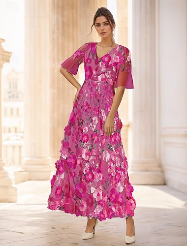 rosa gul a-linje cocktailklänningar klänning formell bröllopsgäst blommig elegant ankellång kortärmad illusionshals tyll med broderiapplikationer 2025