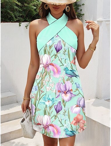  Damen Minikleid Sommerkleid A Linie Kleid Urlaub Lässig Outdoor Ausgehen Normale Passform Blumen Grafik Ärmellos Neckholder Rosa Blau Grün Sommer