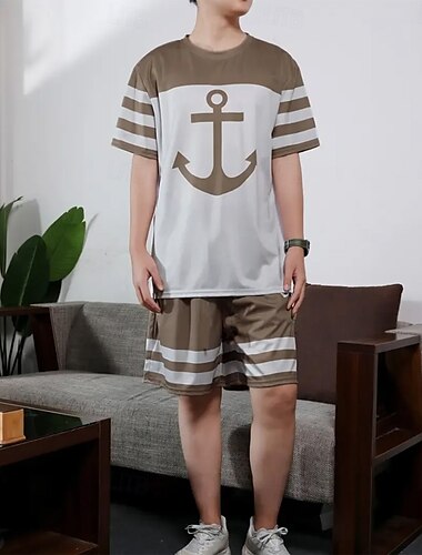  Herren Grafik 2St T-Shirts-Sets Sommeroberteile Kurzarm Kurze Hosen Rundhalsausschnitt Sport Lässig Sport Lässig Täglich 3D-Druck Sommer Marineblau Braun