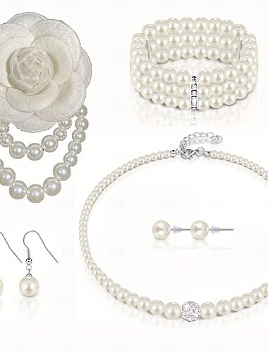  Conjuntos de joias de noiva 1 Imitação de Pérola 1 Bracelete Brincos Colares Mulheres Elegante à moda Luxo Fofo Geométrico Alegria Forma Geométrica Conjunto de jóias Para Traje de festa para noite