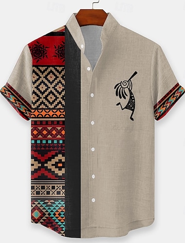  Homme Géométrique Aztèque Ethnique Chemise Chemise Boutonnée Chemise à col montant Manche Courte Vintage Rétro Vacances Tenue Quotidienne Tenue de plage Été Printemps Col mandarin Impression 3D