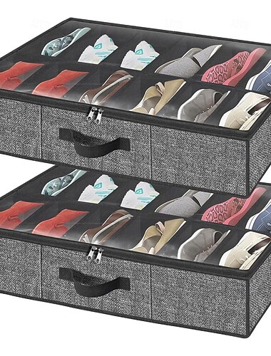  2-pack schoenenopbergers onder het bed, 24 compartimenten, opbergoplossing voor schoenen onder het bed met transparant venster, ademende, opvouwbare stoffen opbergdoos met versterkte handgrepen