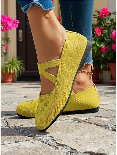 Zapatos Mary Jane de punto con tiras cruzadas y corte ancho para mujer: zapatos ligeros descalzos Flyknit para primavera y uso diario.