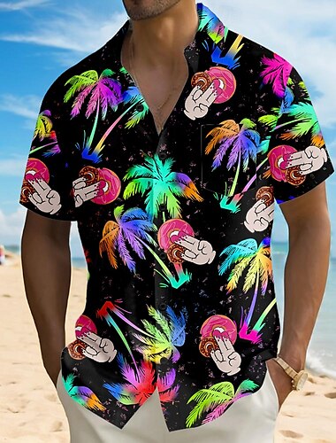  Men's Coconut Tree Funny Donuts Shirt Summer Hawaiian Shirt Button Up Shirt Short Sleeve Hawaiian Vacation Holiday Beach Wear Summer Turndown 3D Print Front One Pocket Linen Like Shirt Black