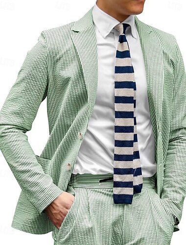  Herren Seersucker Casual Anzüge Himmelblau Sommer Hochzeit Alltag Leicht Gestreift Standard Passform 2-teilig Einreiher mit zwei Knöpfen
