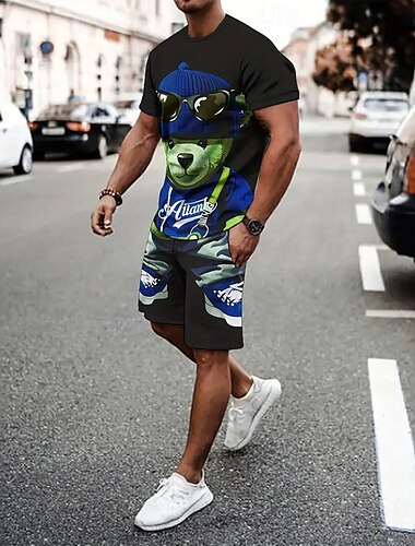 Herren Zeichentrickfigur 2St T-Shirts-Sets Sommeroberteile Kurzarm Kurze Hosen Rundhalsausschnitt Sport Lässig Trendy Sport & Outdoor Lässig Täglich 3D-Druck Sommer Rubinrot Schwarz Grün