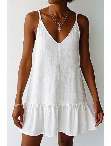  Damen Minikleid Kunstbaumwollleinen Shiftkleid Sommerkleid Weißes Kleid Elegant Basic Modern Strand Urlaub Ferien Normale Passform Einfach Ärmellos Spaghettiträger Weiß Sommer