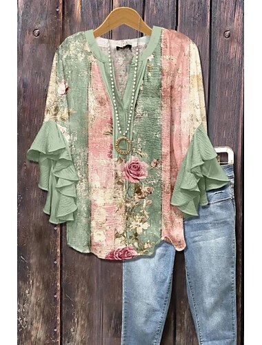  Blouse pour femmes à manches en volants superposés top graphique floral motif paisley décontracté quotidien stylé manches 3/4 col en V top régulier vêtement de vacances quotidien impression violet