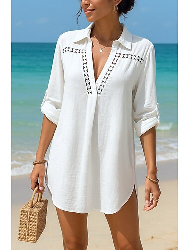  Mujer Bañadores Tapadera Vestido de Baño Traje de baño Cortado Tropical Ropa de playa Plano Escote en V Manga Larga Trajes de baño
