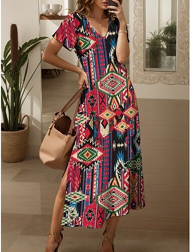  Per donna Abito Midi Vestito Estivo Abito a trapezio Abito Estivo Vacanza Casual Vestibilità regolare Grafico Geometrico Vintage Manica Corta Scollo a V Vino Viola Verde Estate Primavera Autunno