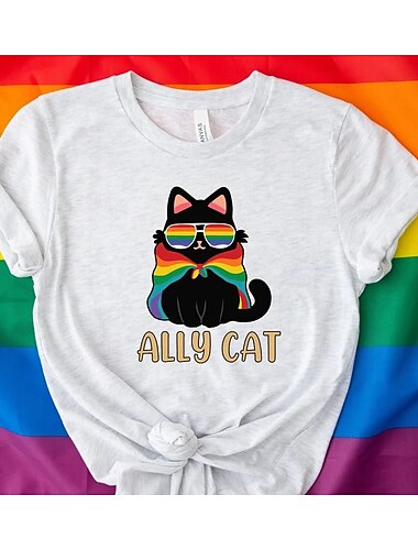  Camiseta arcoíris LGBTQ con gato aliado, camisetas del orgullo, gráfico del orgullo para parejas, hombres, mujeres, adultos, mascarada, estampado en caliente, desfile del orgullo, mes del orgullo