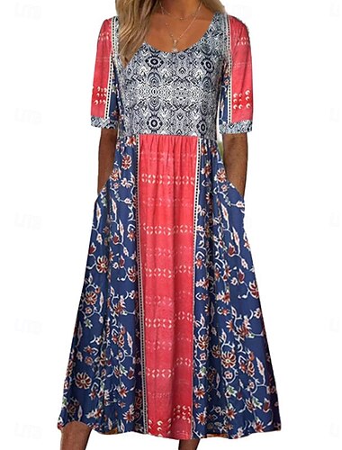  Women's Midi Dress A Line Dress Fit And Flare Dress Vacation Casual Boho Outdoor Going out Regular Fit Floral Graphic Half Sleeve Crewneck Deep Green Navy Blue Fuchsia Green Summer