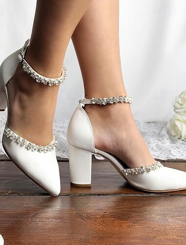  Zapatos de boda blancos de tacón cuadrado para mujer: punta puntiaguda con tiras en el tobillo adornadas con diamantes de imitación, calzado de novia elegante para ocasiones especiales