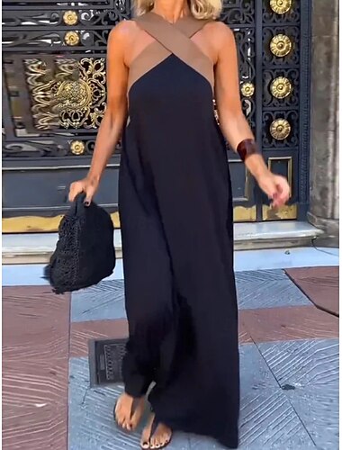  Femmes Robe maxi Robe d'été Occasionnel Quotidien Coupe régulière Graphique Sans manches Col Halter Noir Blanche Vin Fuchsia Été