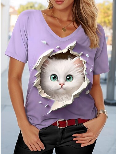 Mujer Camiseta Ombre Graphic Gato Elegante Casual Manga Corta Escote en Pico Tops regulares Diario Estampado Azul Piscina Morado Verde Trébol Verano