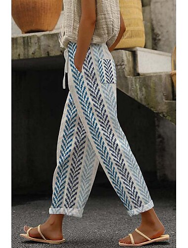  Damen Hose aus Baumwollleinen Stoffhosen Lässig Volle Länge Natürliche Taille Blumen Tasche Drucken Elastisches Kordelzugdesign Bequem Straße Ausgehen Schwarzgrau Magenta Dunkelrot Pfauenblau Sommer