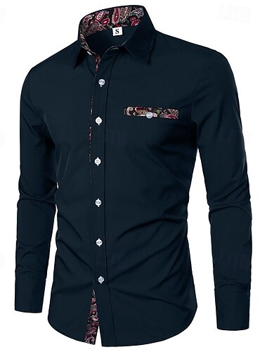  Homens Camisa Social Saia camisa de botão Tecido Casamento Diário Preto Vinho Azul Marinho Escuro Manga Longa Aberto para a Lateral Primavera & Outono Roupa Patchwork