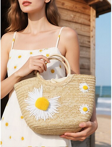  Bolso de mano de paja con bordado de margaritas para mujer: bolso de mano de playa de verano con estampado floral, de cocotero y de limón, estilo bohemio informal, adecuado para vacaciones y uso diario.