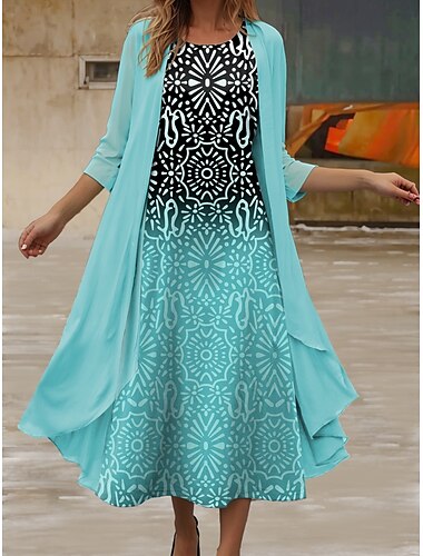  Dames Jurk Set Midi Jurk Zomer Jurk Casual Semi-formeel Ombre Grafisch Print 3/4 Lengte Mouwen Crew Neck Dagelijks Vakantie Groen Zomer Lente Regular Fit