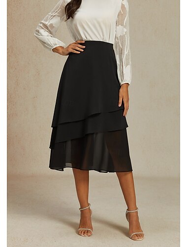  Dames A-lijn Elegant Midi Hoge taille Rokken Effen Onregelmatige zoom Chiffon Inelastisch Causaal Dagelijks Zwart Zomer Chiffon