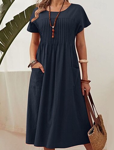  Dames EU / VS maat Halflange jurk Jurken van katoen en linnen Casual jurk Elegant Sexy Casual Vleermuismouw Huis Werk Straat Ruim Passend Effen Kleur Korte mouw Strakke ronde hals Oranje Leger Groen
