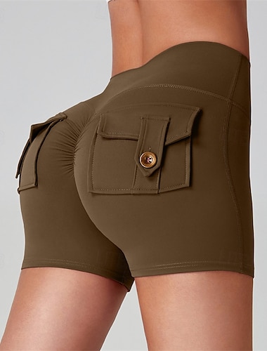  Mujer Activo Delgado pantalones cortos de domingo Ejercicio De Deporte Corto Media cintura Plano Bolsillo Cintura elástica Levantamiento de tope Secado rápido Elástico Yoga Deporte Granate Rosado