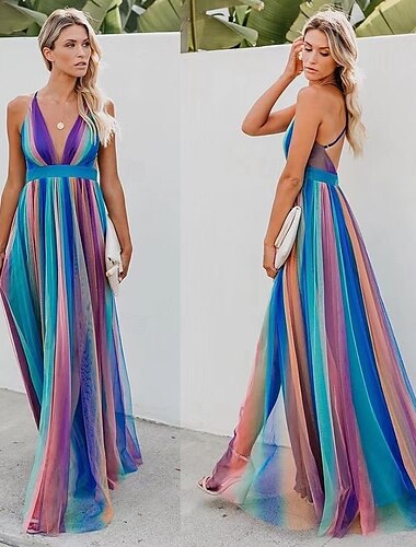  Stolthet Regnbue Kjoler Rainbow Chiffon Maxikjole Fritid Dame Voksne Pride-parade Pride måned Halloween Karneval Enkelt karnevalskostyme