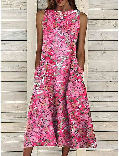  Per donna Abito Midi Vestito Estivo Abito a trapezio Abito Estivo Elegante Vacanza Casual Vestibilità regolare Floreale Grafico Senza Maniche Girocollo Rosa chiaro Bianco Rosa Blu Estate