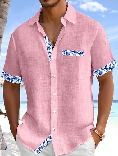  Herren Hemd leinenhemd Sommerhemd Strandhemd Karomuster Urlaub Ferien Weiß Rosa Marineblau Leicht Blau Kurzarm Kragen Sommer Bekleidung