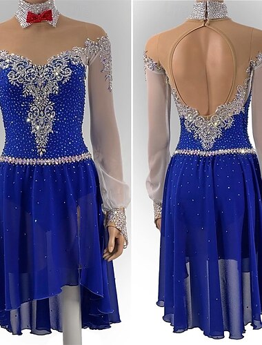  Kunstschaatsjurk Dames Voor meisjes Schaatsen Jurken Marine Blauw Duimopening Open achterkant Netstof Hoge Elasticiteit Opleiding Wedstrijd Kunstschaatskleding Klassiek Kristal / Bergkristal Lange