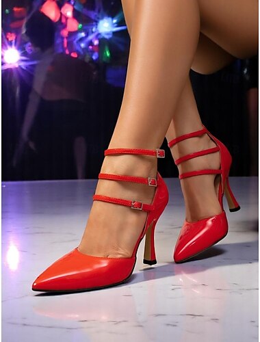  Rote Riemchen-High Heels aus Lackleder für Damen – sexy Stiletto-Pumps mit dreifacher Knöchelschnalle für Nachtleben, Partys und Clubwear
