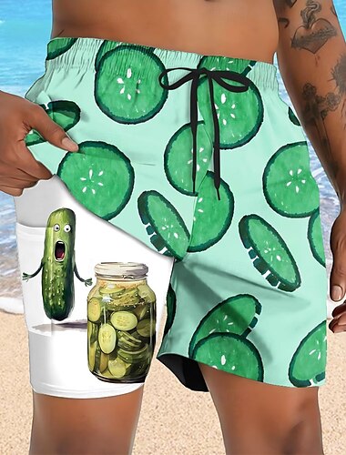 Herren Lustig Essiggurke Gefütterte Shorts 2 in 1 Badeshorts Badeshorts Mittlere Taille Hawaiianisch Urlaub Ferien Strandbekleidung Seitentaschen Mit Kompressionsfutter Elastischer Kordelzug in der