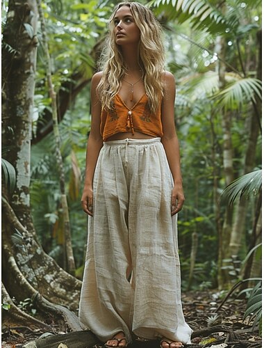  Dames Katoenen linnen broek Breed Been Bohémien Retro vintage Casual Volledige lengte Hoge taille Effen Elastische taille Comfortabel Voor buiten Casual Dagelijks Buiten Abrikoos Zomer Normale pasvorm