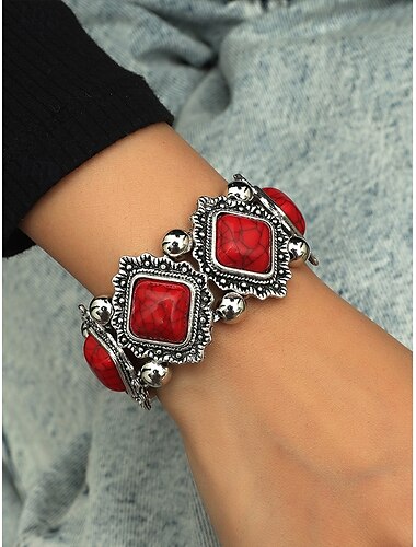  Damen-Vintage-Boho-Armband mit türkisfarbenem Stein – elastischer Perlen-Manschettenschmuck im Retro-Stil für Freizeitkleidung, Festivals und Geschenke