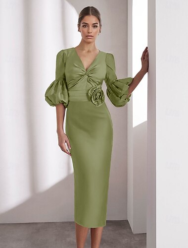  rosa säulenförmiges Cocktailkleid aus Satin, elegant, formell, knöchellang, halbe Ärmel, V-Ausschnitt, Tasche, italienischer Satin mit Glitzer, gerüscht, 2025