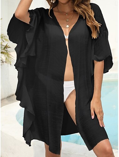  Damen Badeanzüge Cover-Up Badekleid Badeanzug Rüsche Urlaub Strandmode Einfarbig V-Ausschnitt Kurze Ärmel Badeanzüge