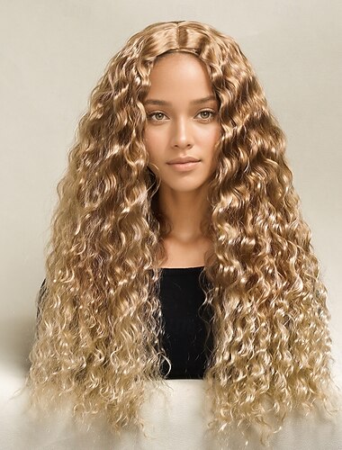  Synthetische pruiken Afro krullend Watergolf Gelaagd kapsel Diepe scheiding Machinegemaakt Pruik 66.0 cm A1 Synthetisch haar Dames Middenscheiding Stoer Klassiek Blond