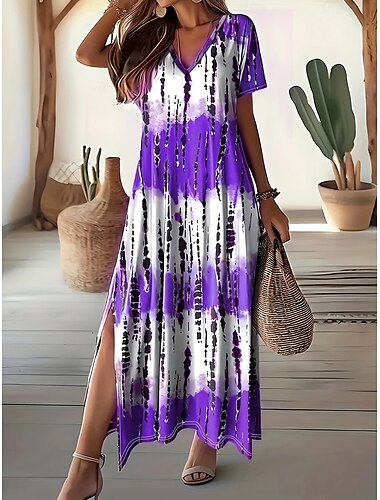  Femmes Robe maxi Robe fourreau Occasionnel Quotidien Coupe Ample Bloc de Couleur Manche Courte Col en V Rose Claire Violet Gris Été