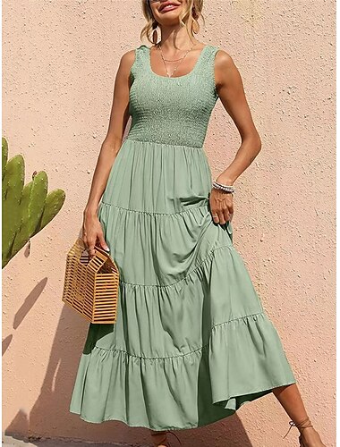  Damen Maxi Kleid Sommer Kleid Einfarbig Lässig Täglich Regulär Passform Grafik Ärmellos U-Ausschnitt Schwarz Weiß Grün Khaki Sommer