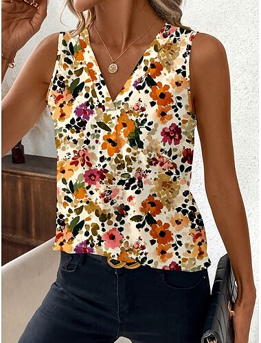  Damen Camisole-Tanktop Blumen Grafik Stilvoll Lässig Ärmellos V Ausschnitt Normale Oberteile Täglich Druck Kastanienbraun Gelb Orange Sommer