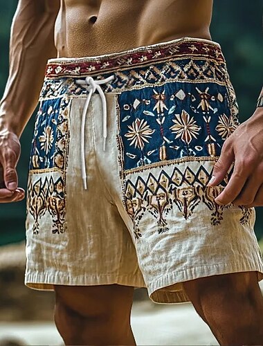  Pánské Kraťasy Lněné šortky Letní šortky Plážové šortky Šňůrky Elastický pas Straight-Leg Bez vzoru Pohodlné Prodyšné Délka kolen Venkovní Denní Dovolená prázdniny Etnický styl Khaki
