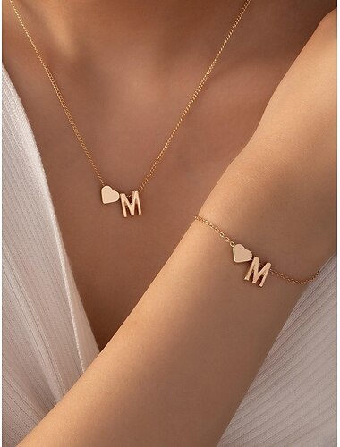  Ensemble collier et bracelet personnalisé en forme de cœur en or avec 26 initiales - bijoux exquis pour femmes et filles, cadeau romantique pour l'obtention d'un diplôme, un anniversaire ou la Saint-Valentin