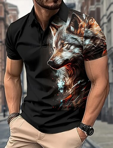  Miesten Eläin Susi Polo Lyhythihainen Poolopaidat Kauluspaidat Vapaa-aika ulko- Arki-asut 3D-tulostus Kesä Musta